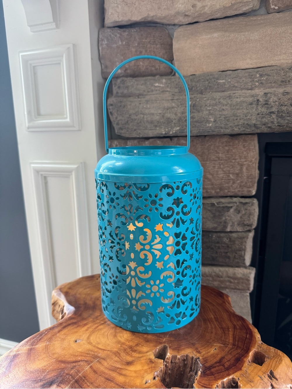 Turquoise Blue Metal Lantern Pierced Moroccan Boho Hanging LED Flickering Candle